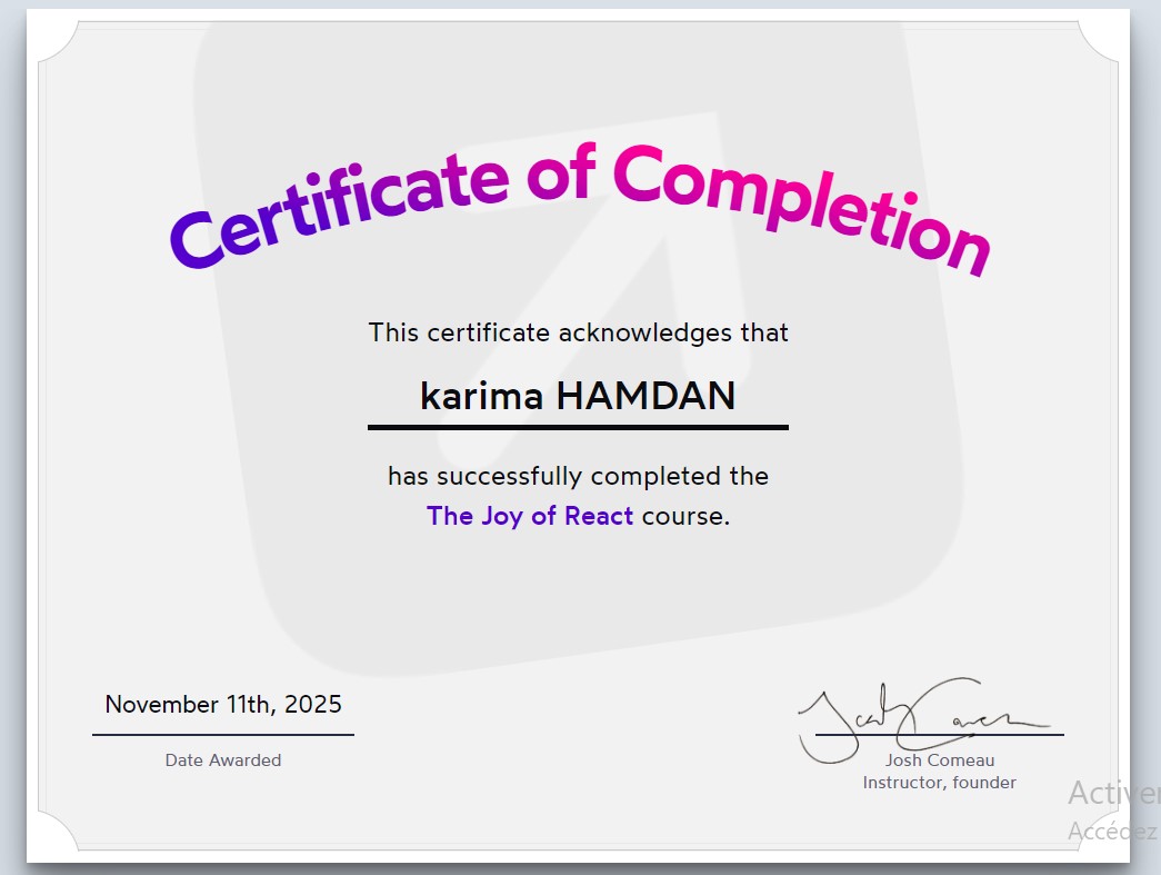 a certificate i got after taking the joy of react course by josh w comeau